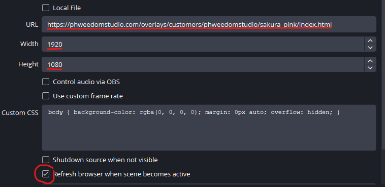 Browser source settings in OBS